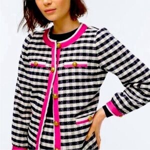 J.CREW Navy Blue White Pink Gingham Check Plaid Ribbon Trim Lady Jacket Blazer